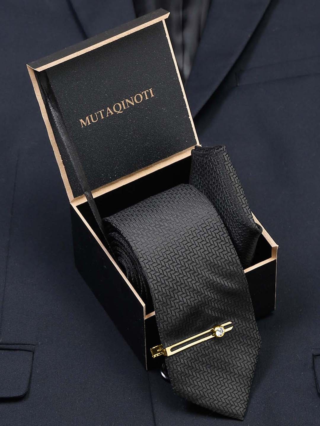 

MUTAQINOTI Men Broad Tie with Golden Tiepin & Pocket Square, Black
