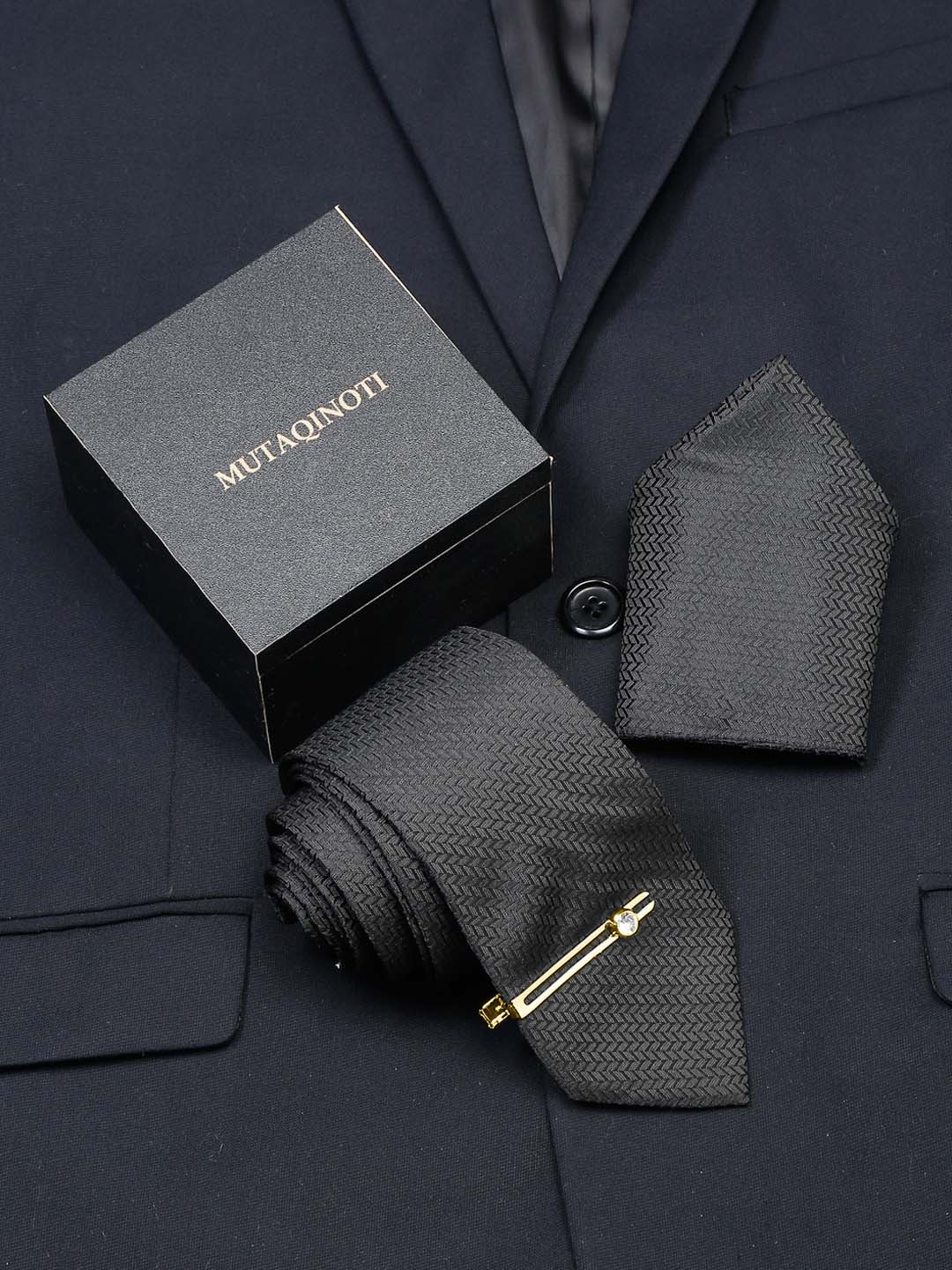 

MUTAQINOTI Men Woven Design Silk Formal Accessory Gift Set, Black
