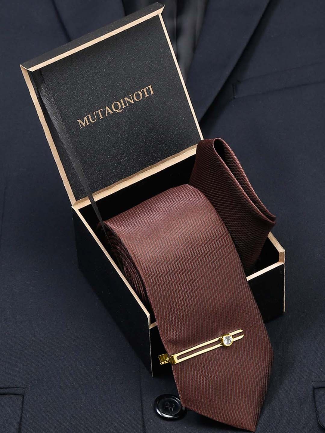 

MUTAQINOTI Men Solid Silk Formal Accessory Gift Set, Brown