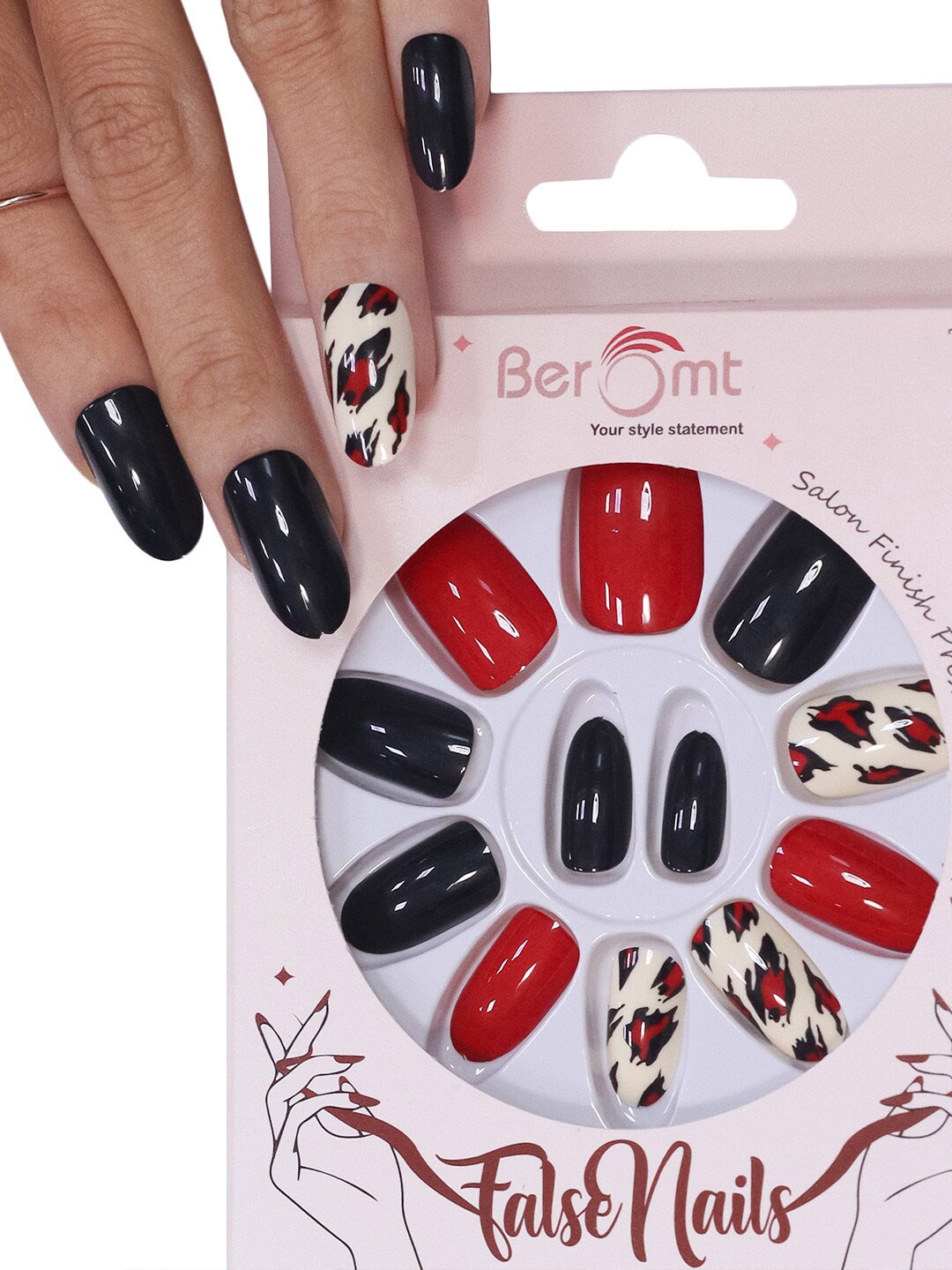 

BEROMT 12-Pcs Animal Printed False Nails Box-30 gm, Red