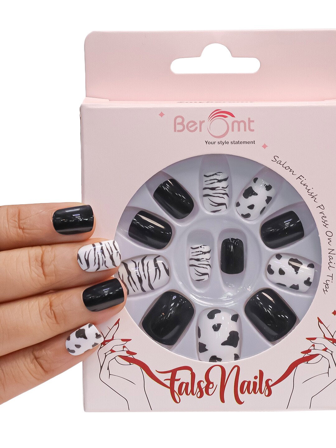 

BEROMT 12-Pcs Animal Printed False Nails Box-30 gm, Black