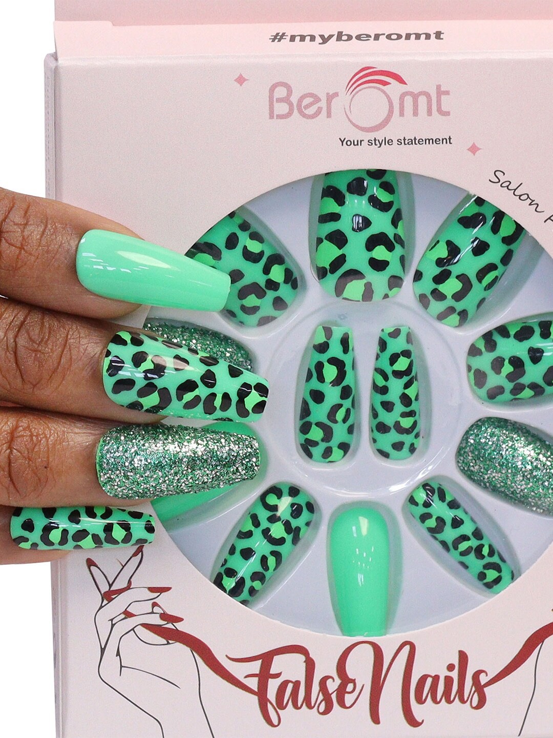

BEROMT 12-Pcs Animal Printed Salon Finish False Nail Tips Box - BFN1035, Green