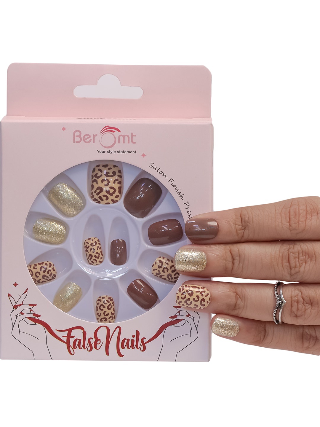 

BEROMT 12-Pcs Animal Printed Salon Finish False Nail Tips Box - BFN1011, Brown