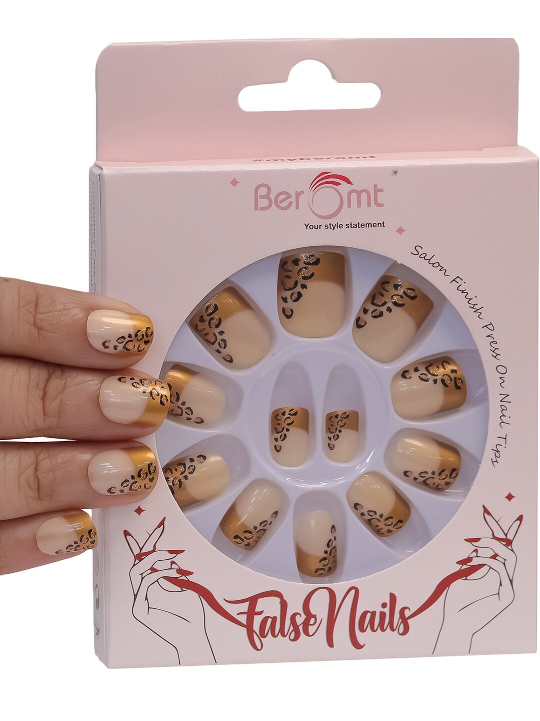 

BEROMT 12-Pcs Animal Printed Salon Finish False Nail Tips Box - BFN1010, Beige