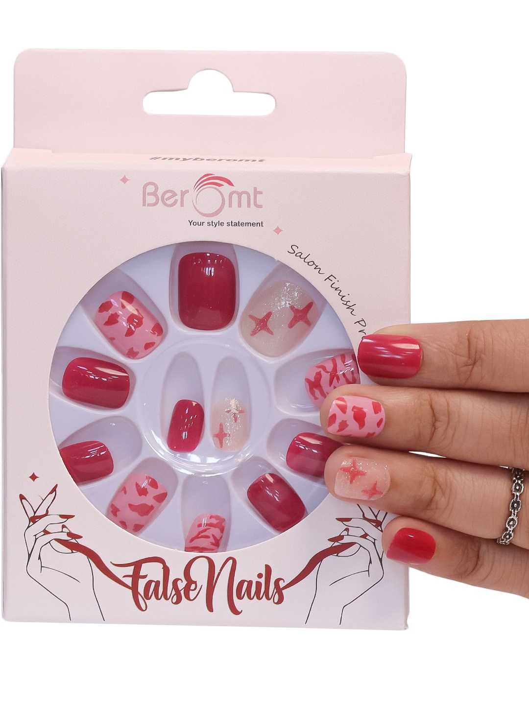 

BEROMT 12-Pcs Animal Printed Salon Finish False Nail Tips Box - BFN1038, Pink