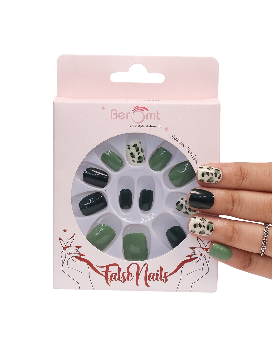 

BEROMT 12-Pcs Animal Printed Salon Finish False Nail Tips Box - BFN1013, Green