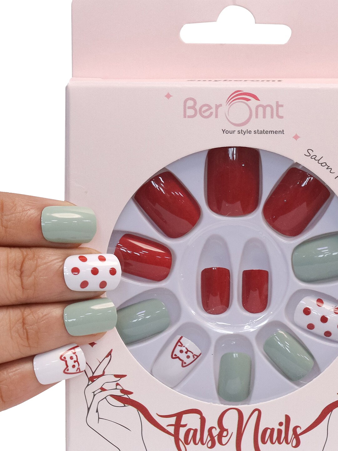 

BEROMT 12-Pcs Animal Printed Salon Finish False Nail Tips Box - BFN1031, Red