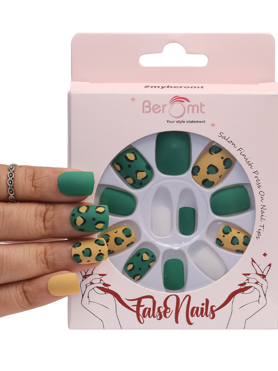 

BEROMT 12-Pcs Animal Printed Salon Finish False Nail Tips Box - BFN1028, Green