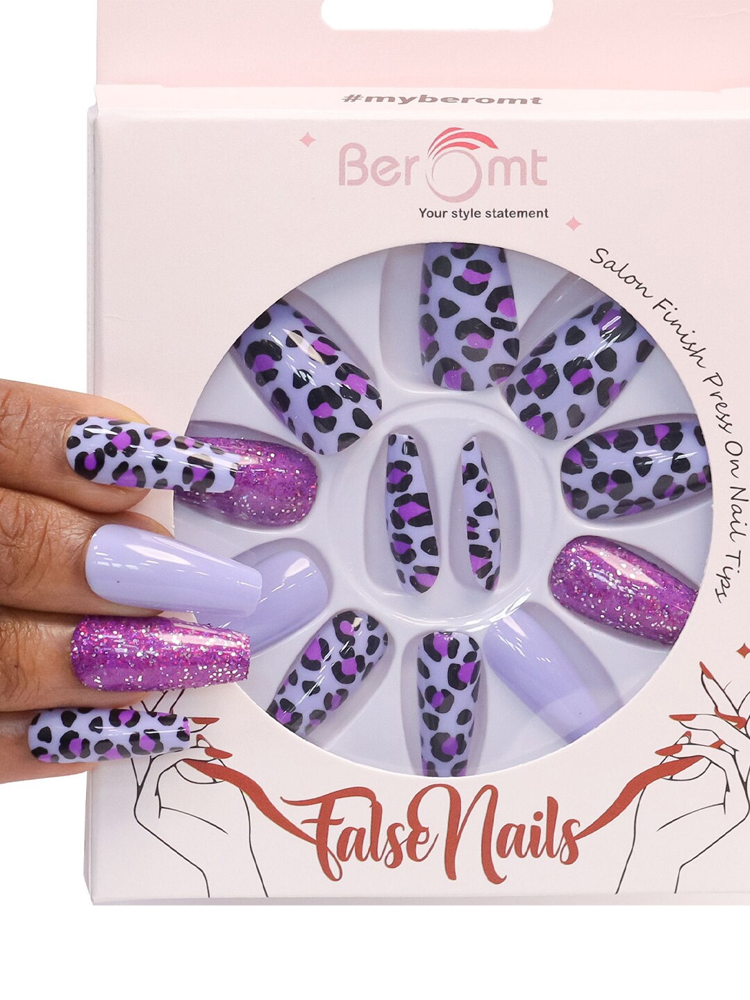 

BEROMT 12-Pcs Animal Printed Salon Finish False Nail Tips Box - BFN1033, Purple