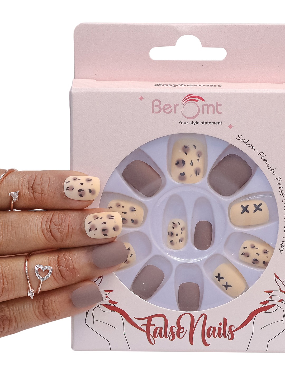 

BEROMT 12-Pcs Animal Printed Salon Finish False Nail Tips Box - BFN1007, Brown