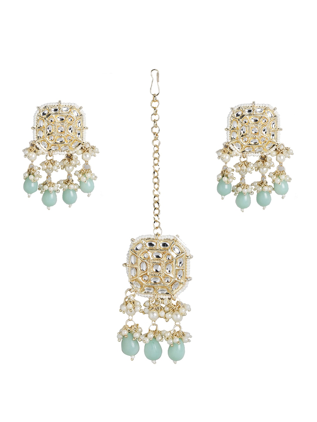 

Kord Store Gold-Plated Traditional Kundan Earrings & Maang Tikka, Sea green