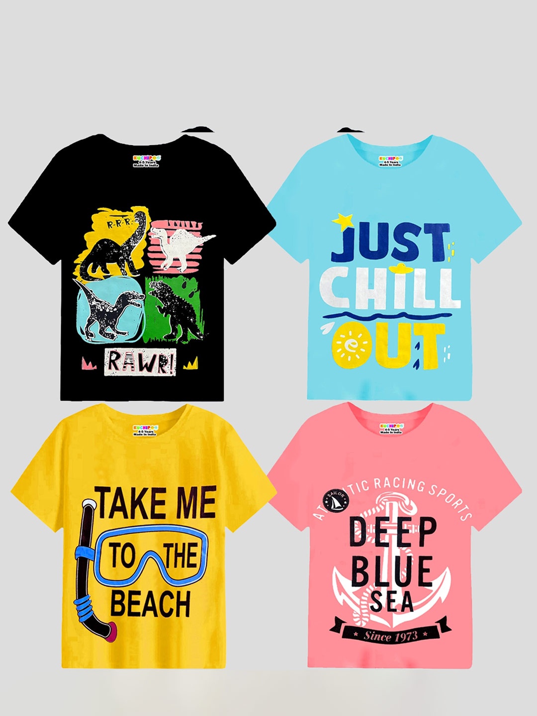 

KUCHIPOO Boys Pack of 4 Typography Printed Cotton T-shirt, Black