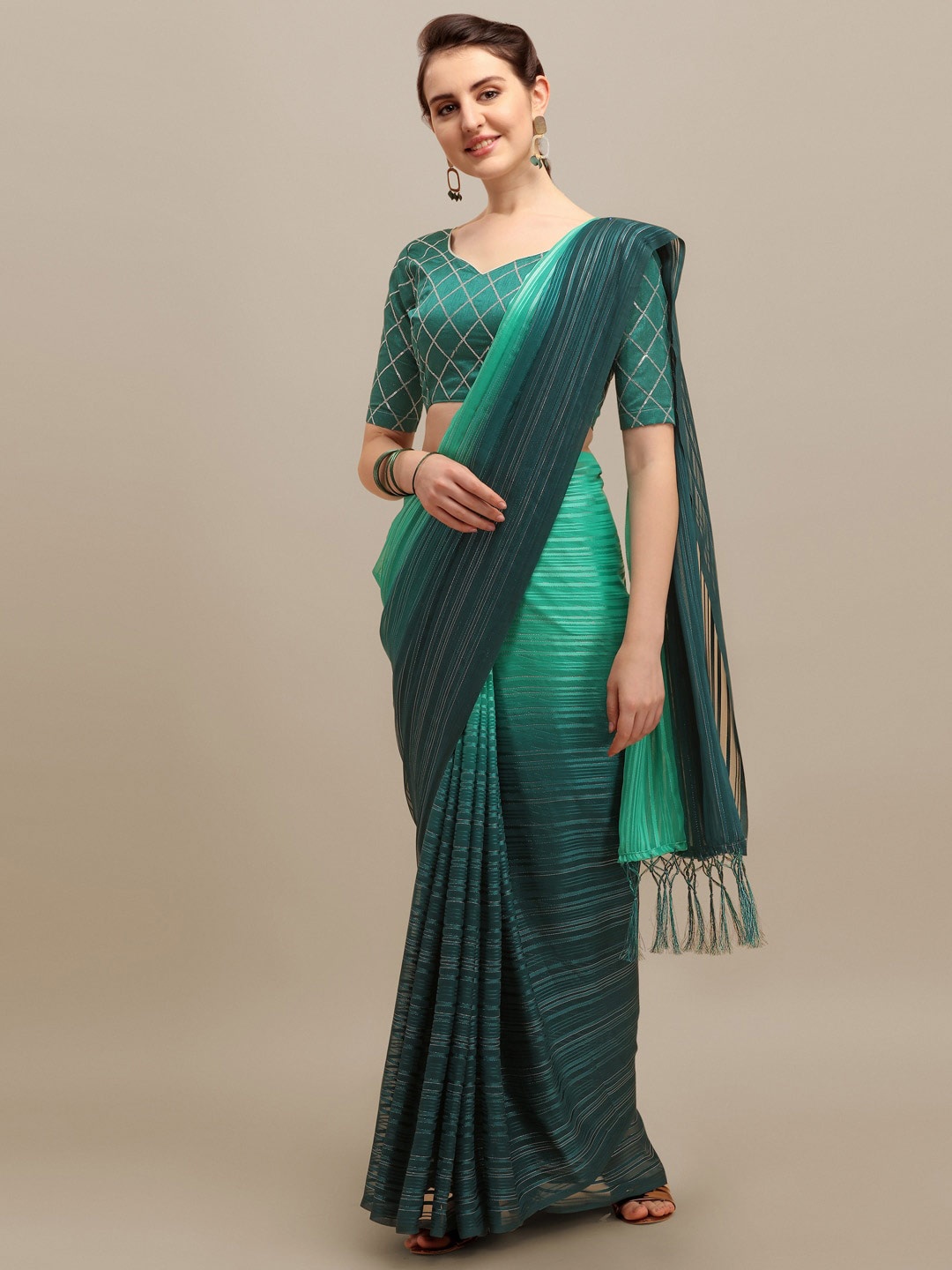 

KALINI Striped Ombre Saree, Green