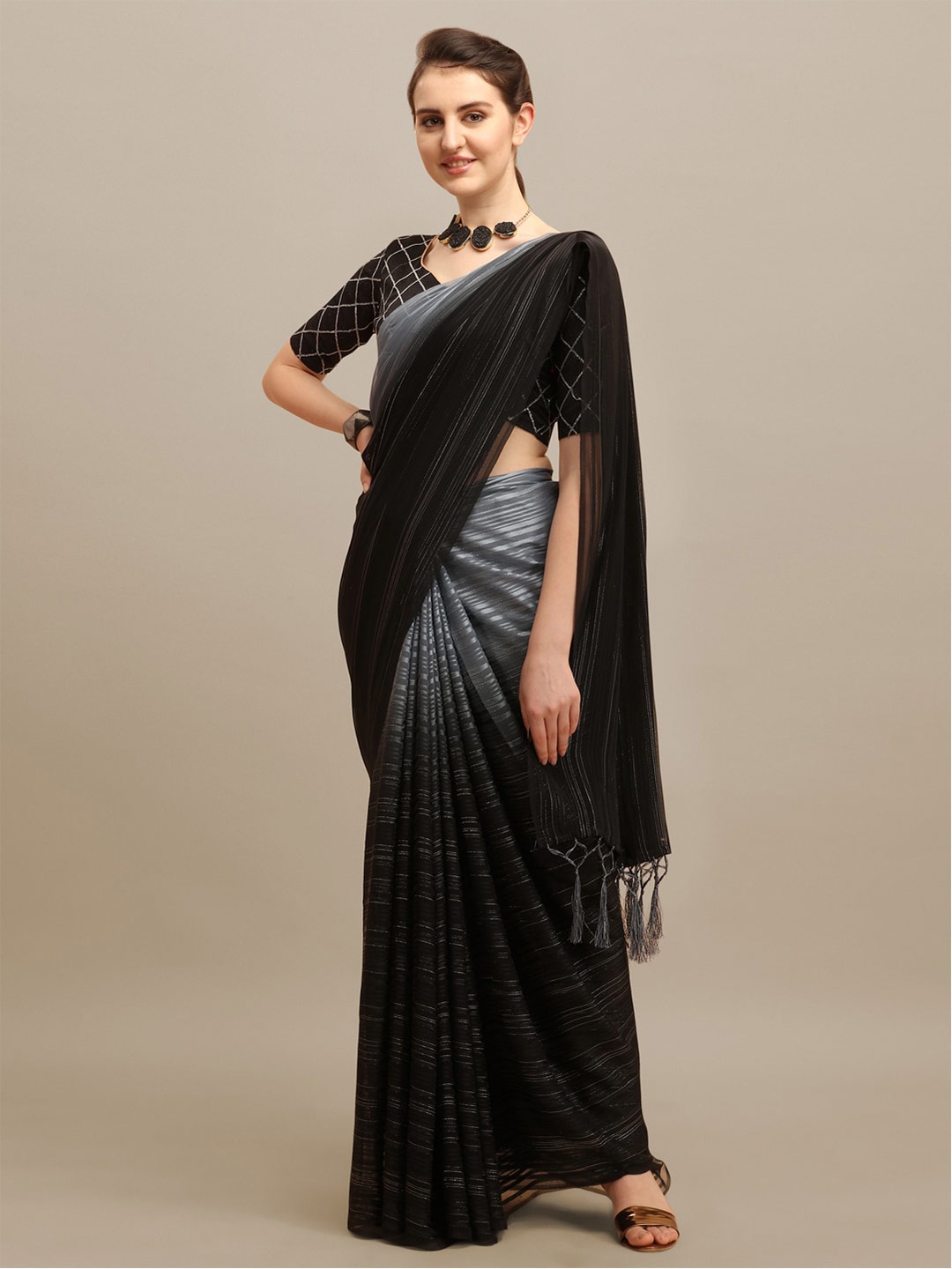 

KALINI Striped Silk Blend Saree, Black