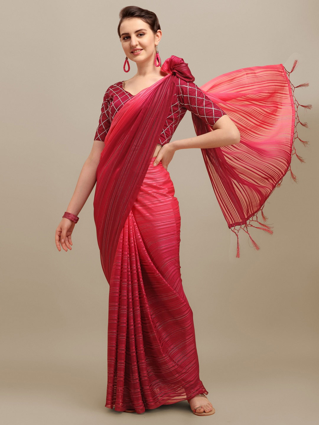 

KALINI Striped Silk Blend Saree, Red