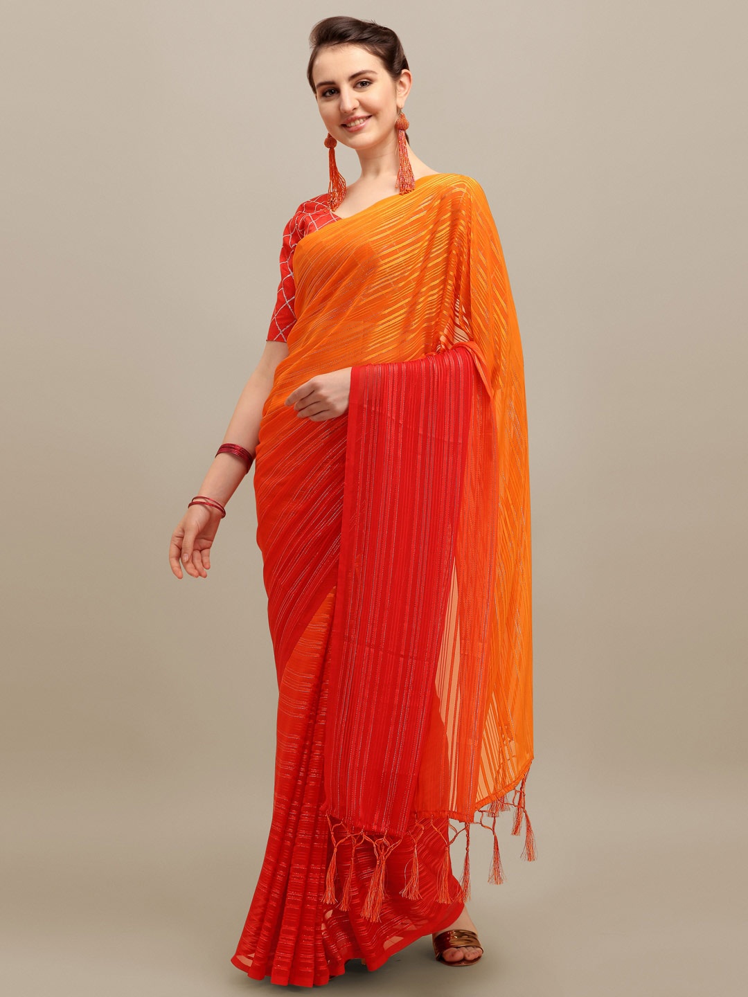 

KALINI Striped Saree With Sequined Blouse, Orange