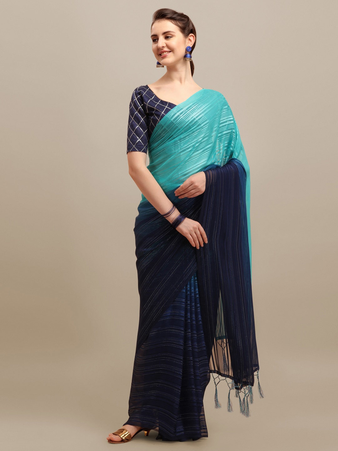 

KALINI Striped Ombre Zari Saree With Sequins Blouse, Turquoise blue