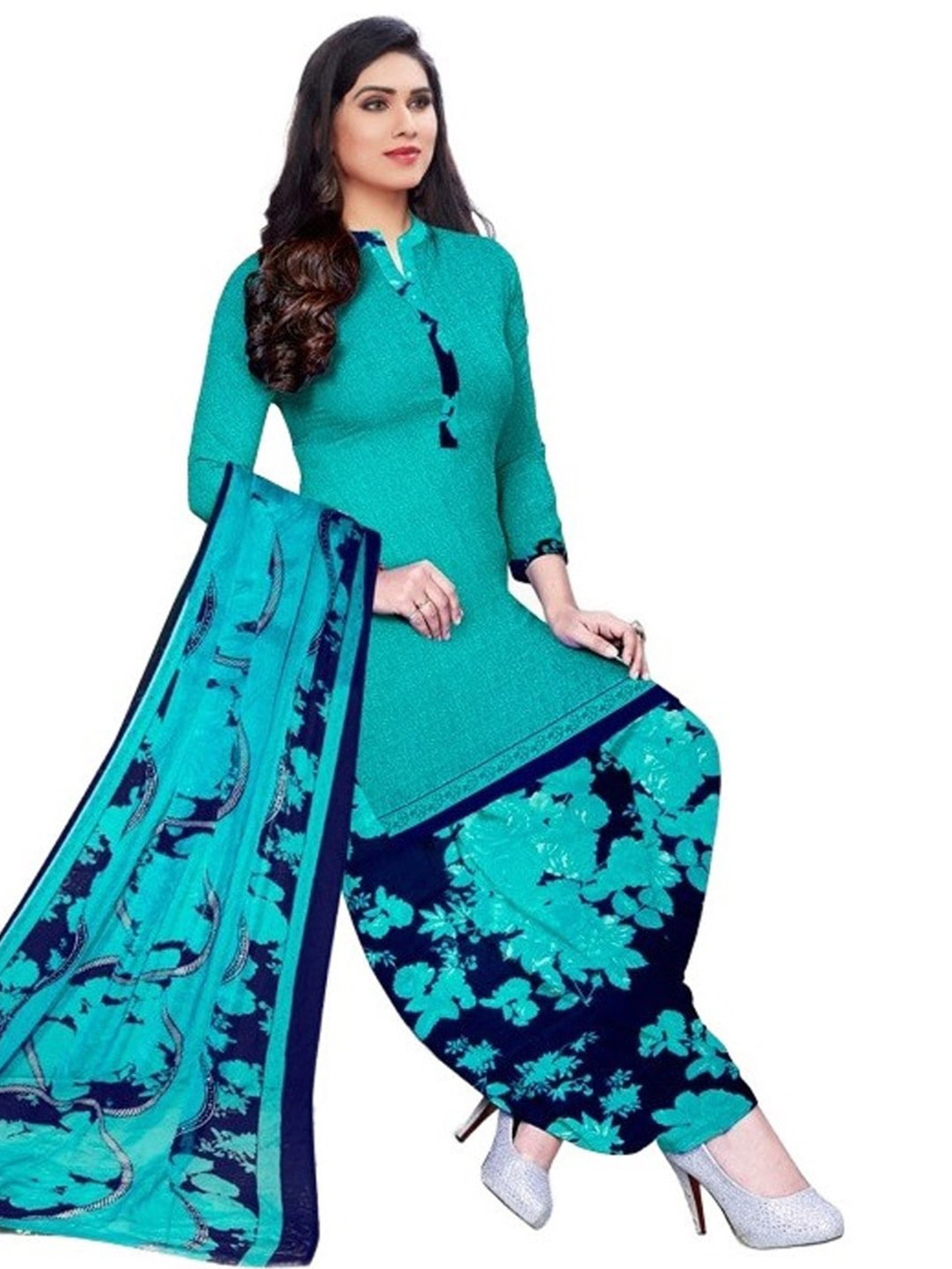 

INDIAN HERITAGE Printed Silk Crepe Unstitched Dress Material, Teal