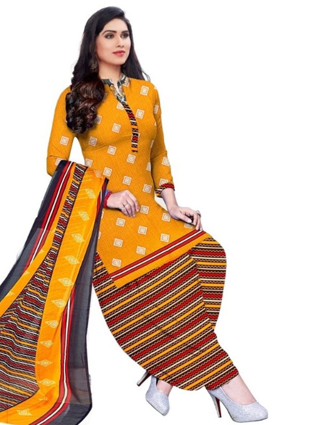 

INDIAN HERITAGE Printed Silk Crepe Unstitched Dress Material, Yellow
