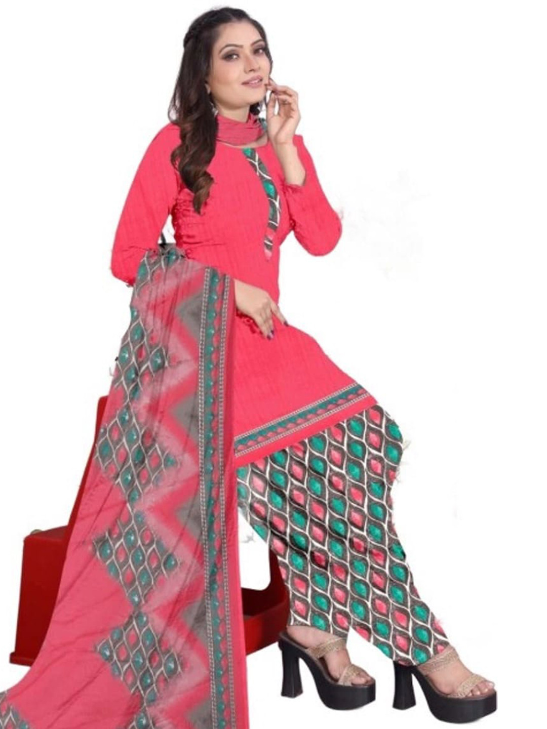

INDIAN HERITAGE Printed Silk Crepe Unstitched Dress Material, Pink