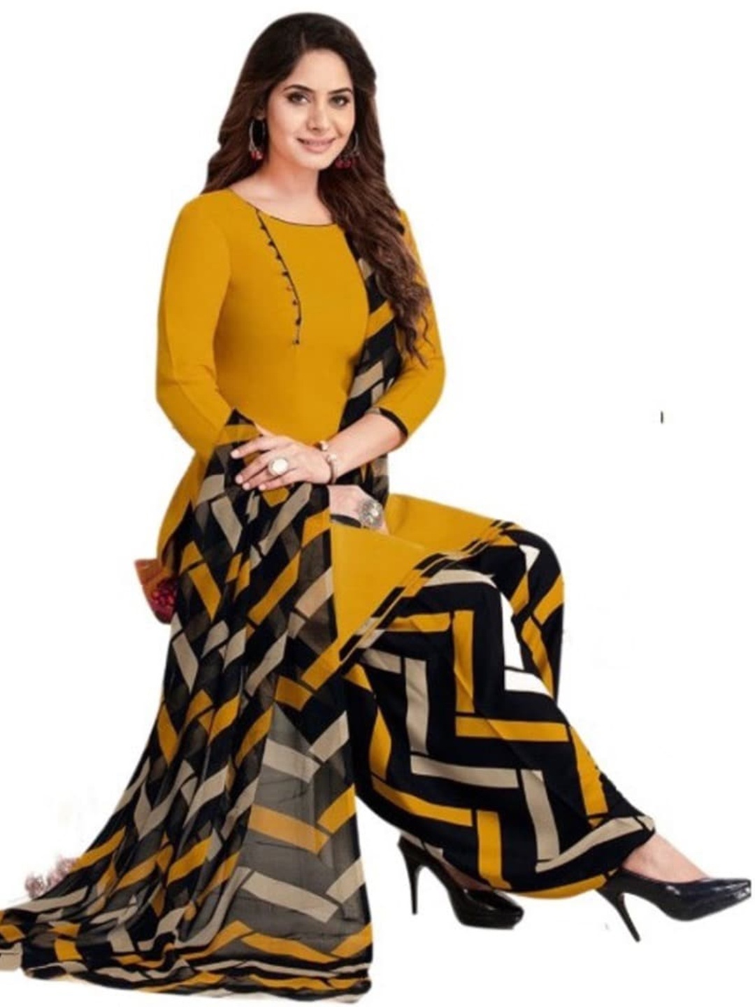 

INDIAN HERITAGE Printed Silk Crepe Unstitched Dress Material, Yellow