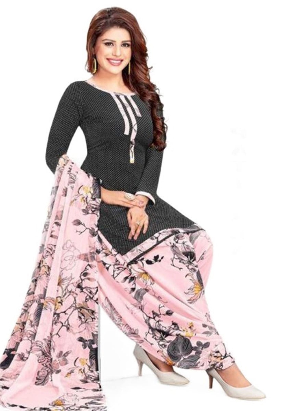 

INDIAN HERITAGE Printed Silk Crepe Unstitched Dress Material, Black