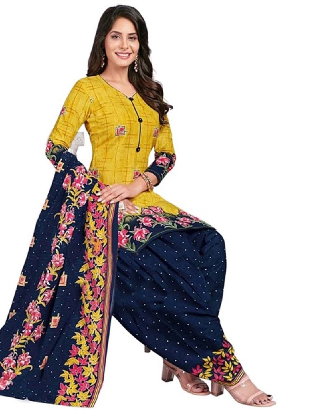 

INDIAN HERITAGE Printed Silk Crepe Unstitched Dress Material, Yellow