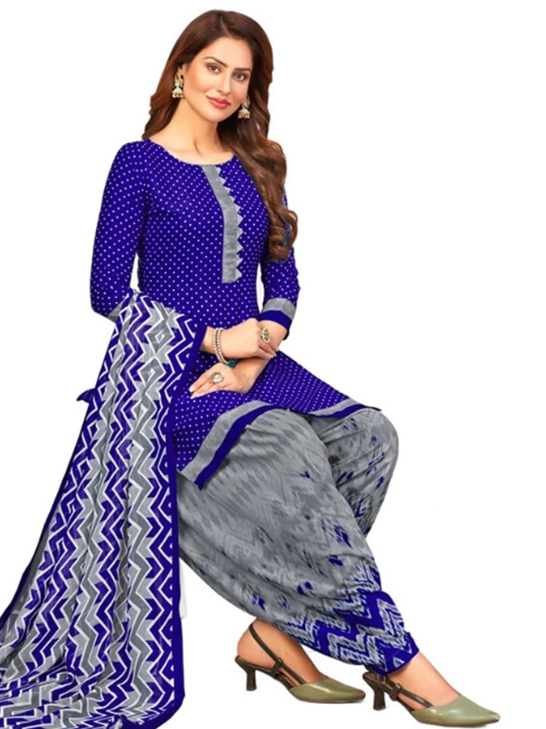 

INDIAN HERITAGE Ethnic Motifs Printed Silk Crepe Unstitched Dress Material, Blue