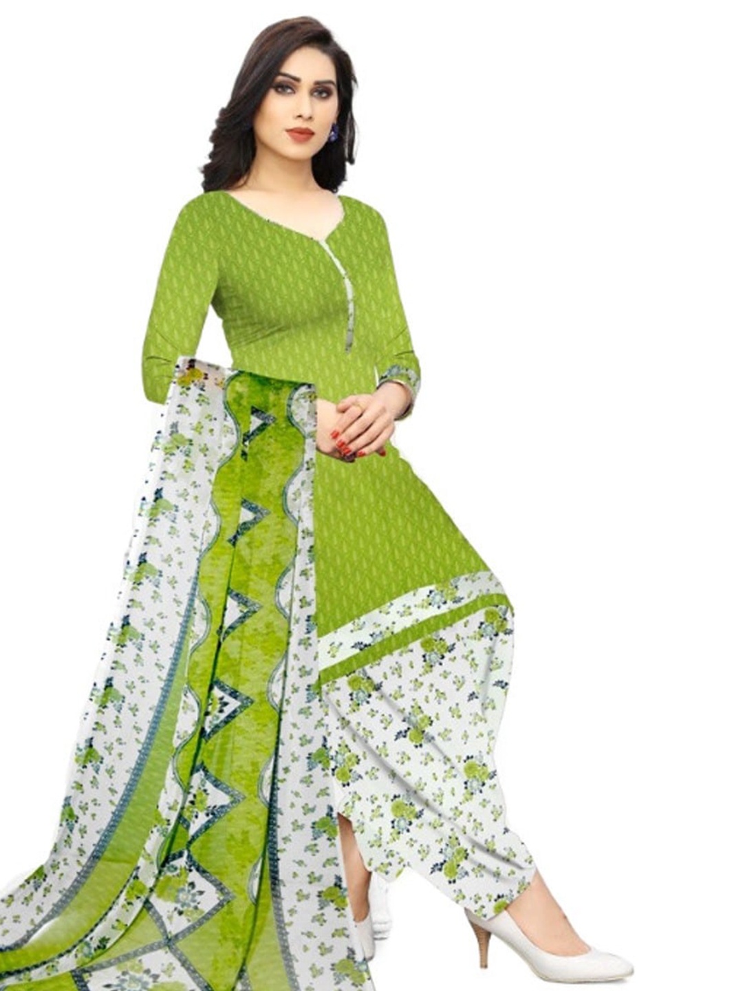 

INDIAN HERITAGE Printed Silk Crepe Unstitched Dress Material, Green