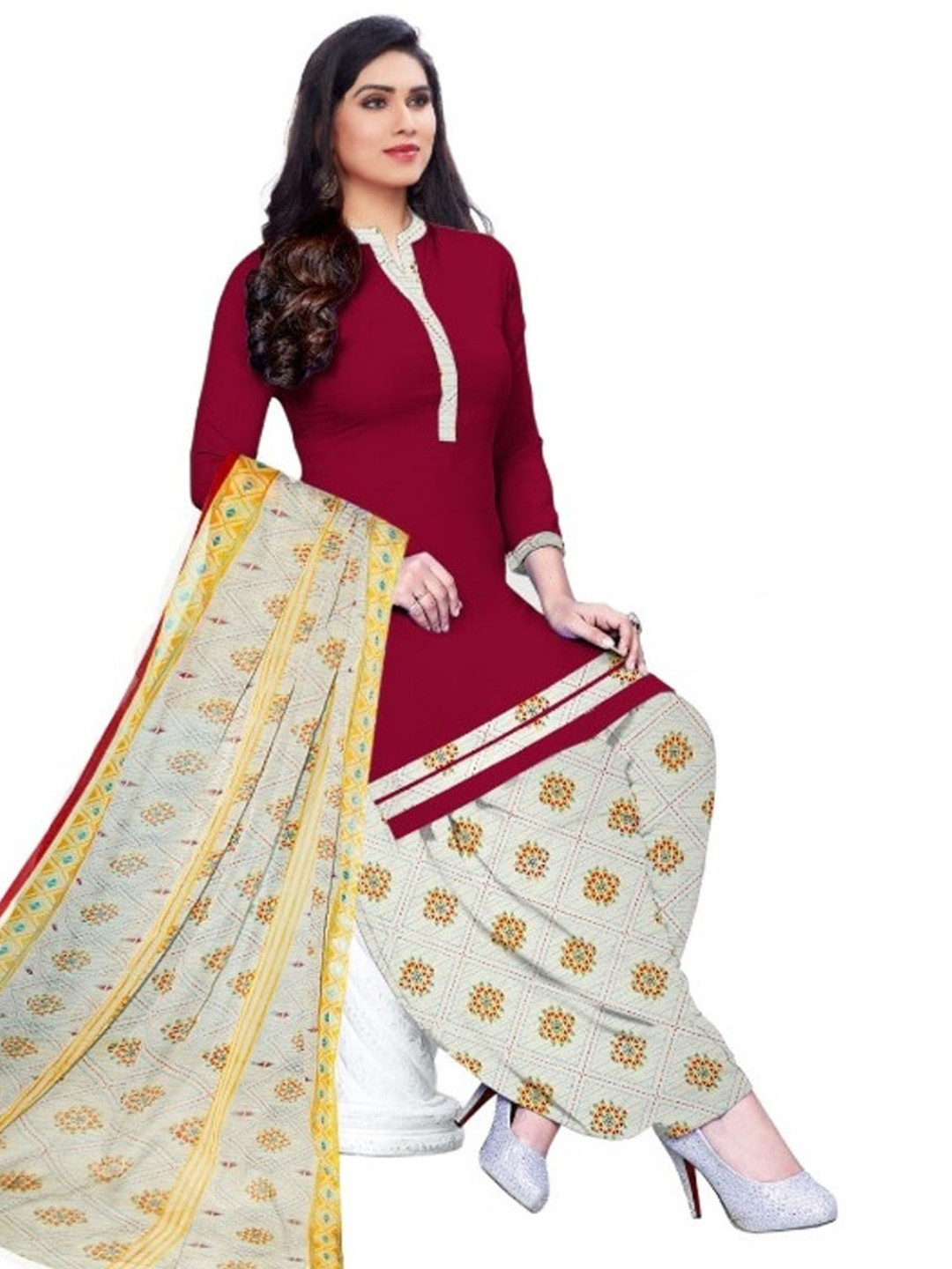 

INDIAN HERITAGE Printed Silk Crepe Unstitched Dress Material, Red