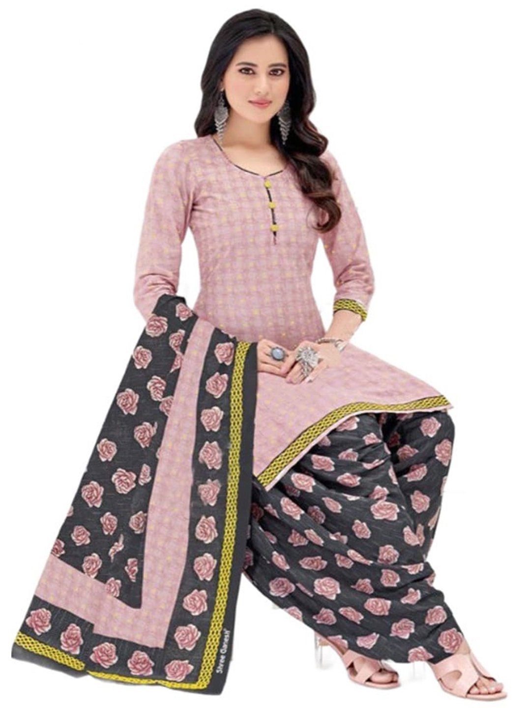

INDIAN HERITAGE Printed Silk Crepe Unstitched Dress Material, Pink