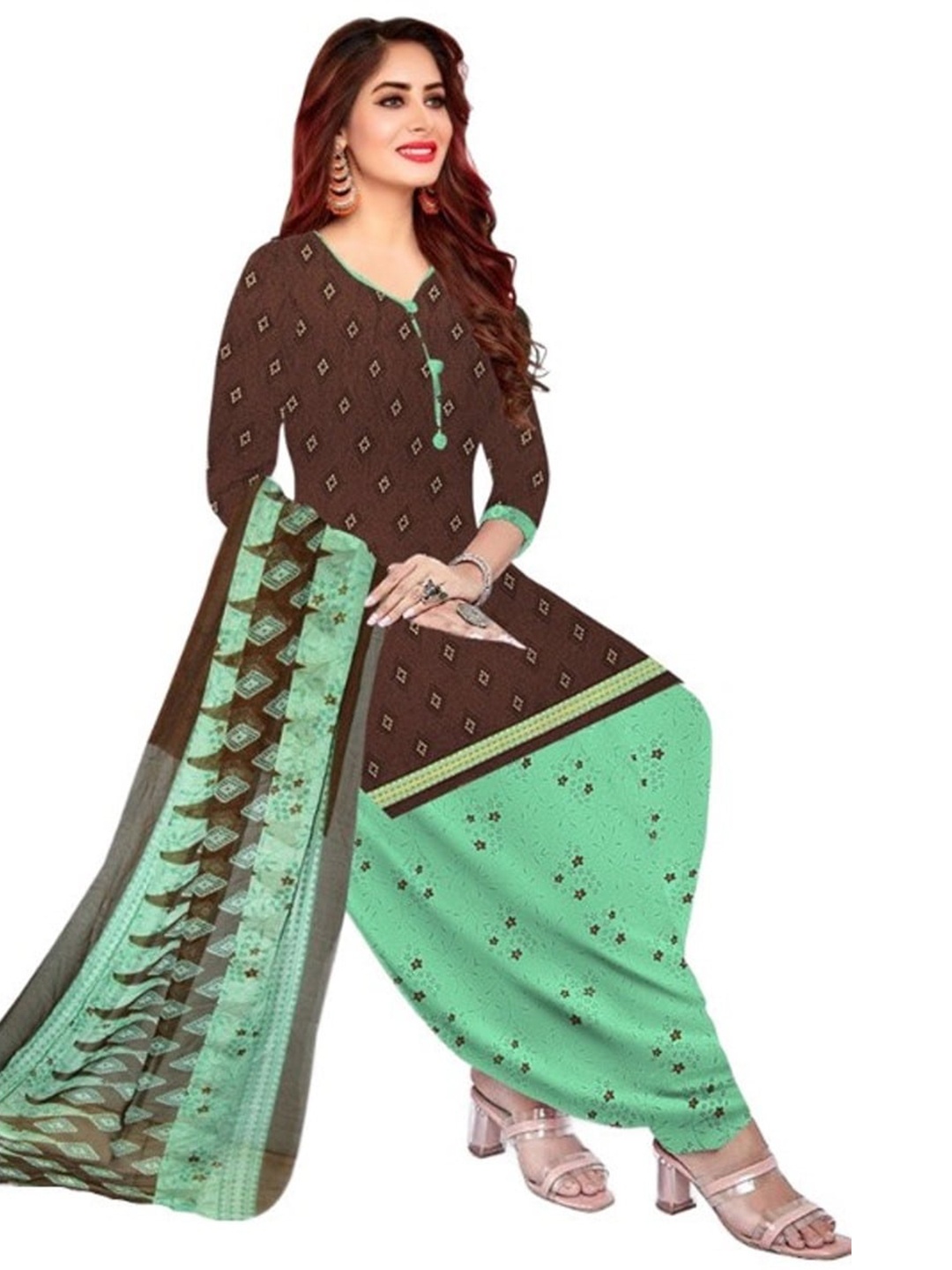 

INDIAN HERITAGE Printed Silk Crepe Unstitched Dress Material, Brown