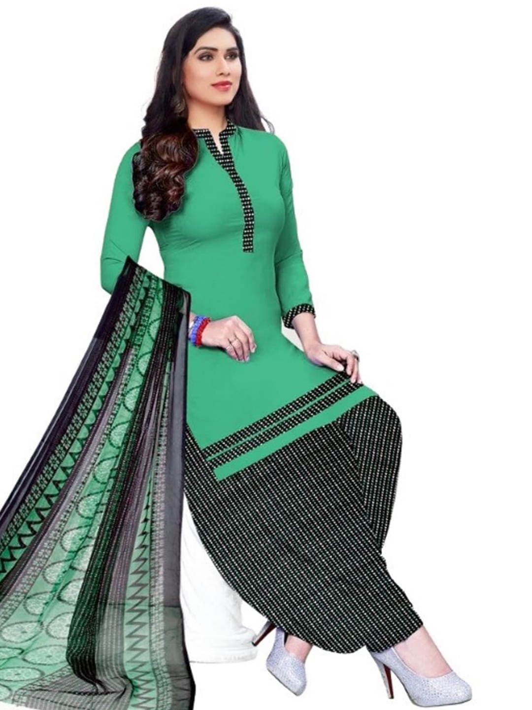 

INDIAN HERITAGE Ethnic Motifs Printed Silk Crepe Unstitched Dress Material, Green