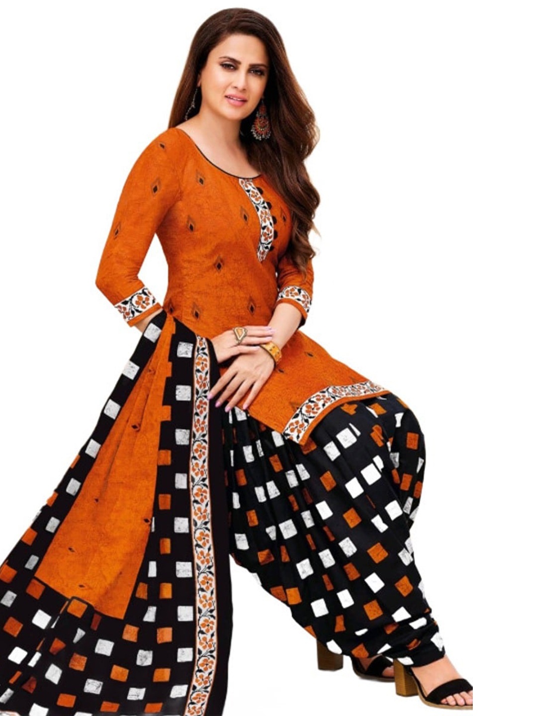 

INDIAN HERITAGE Printed Silk Crepe Unstitched Dress Material, Orange
