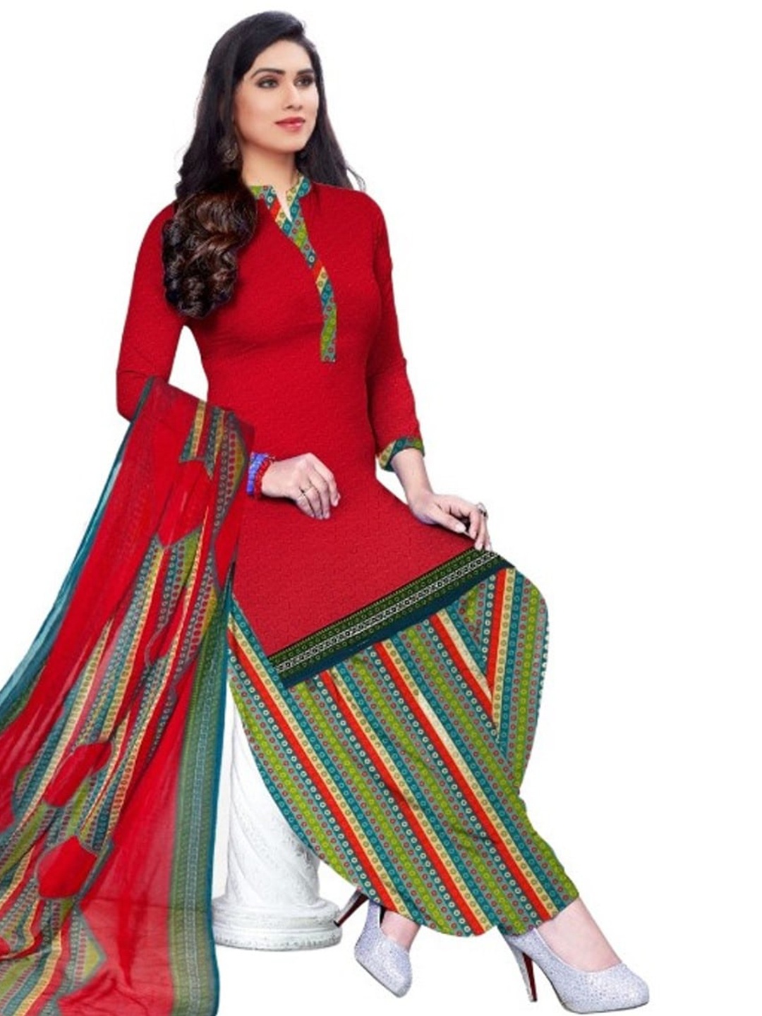 

INDIAN HERITAGE Printed Silk Crepe Unstitched Dress Material, Red