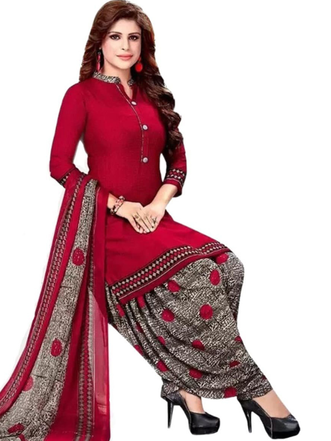 

INDIAN HERITAGE Printed Silk Crepe Unstitched Dress Material, Maroon