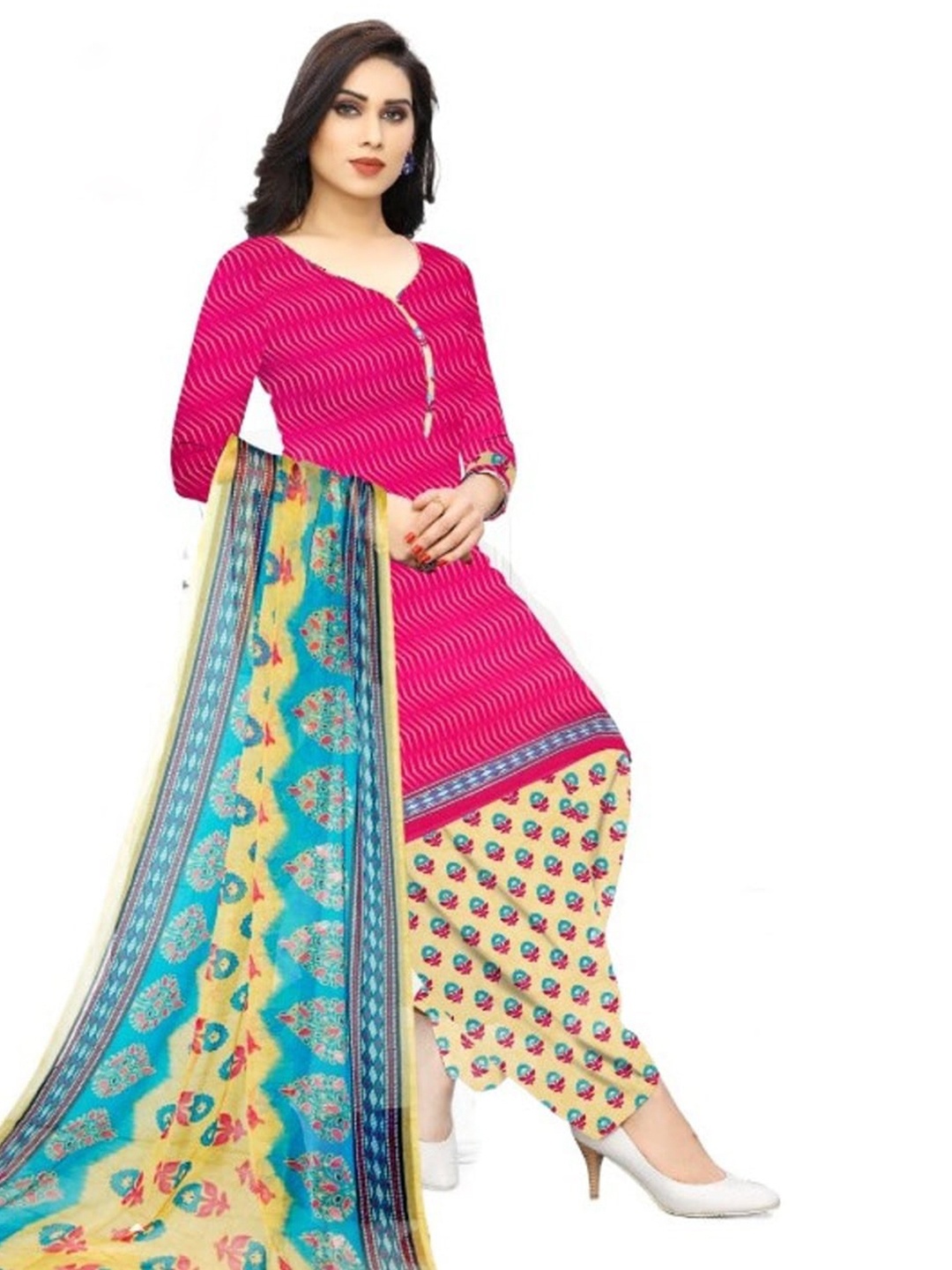 

INDIAN HERITAGE Printed Silk Crepe Unstitched Dress Material, Pink