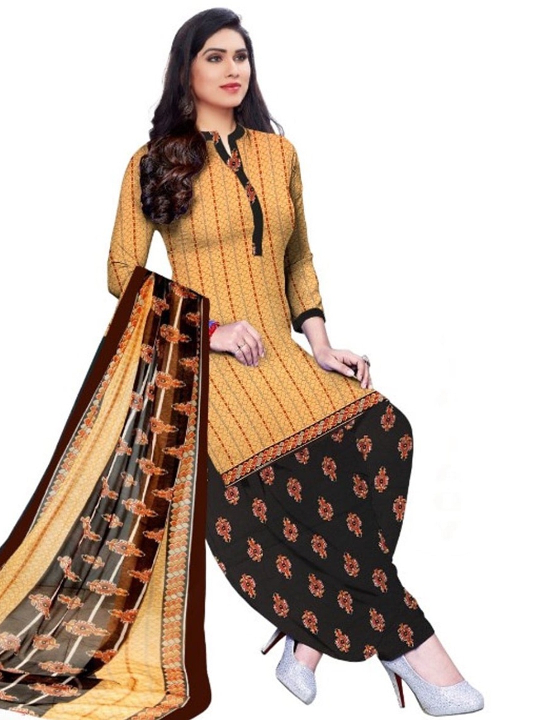 

INDIAN HERITAGE Printed Silk Crepe Unstitched Dress Material, Peach