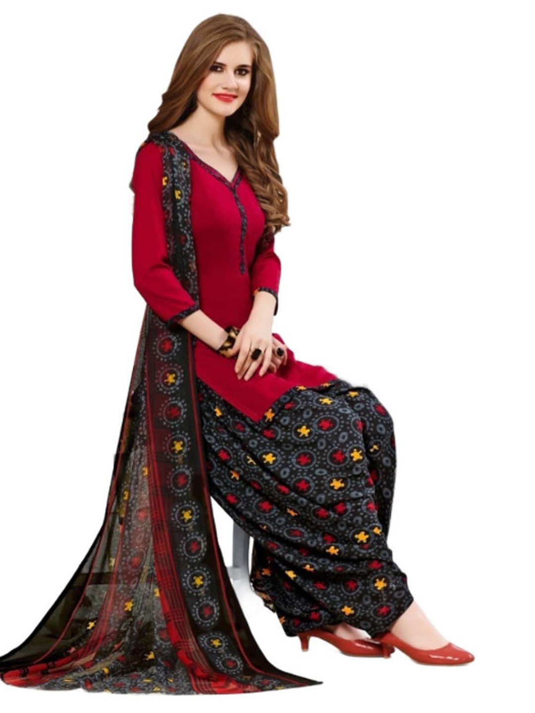 

INDIAN HERITAGE Printed Silk Crepe Unstitched Dress Material, Maroon
