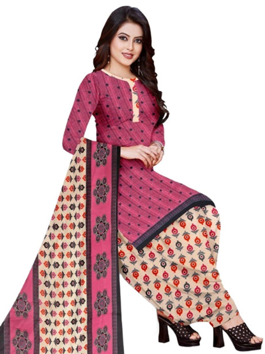 

INDIAN HERITAGE Printed Silk Crepe Unstitched Dress Material, Pink