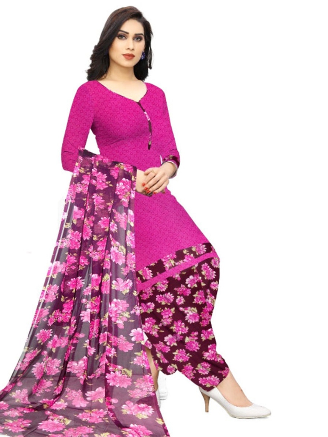 

INDIAN HERITAGE Printed Silk Crepe Unstitched Dress Material, Pink