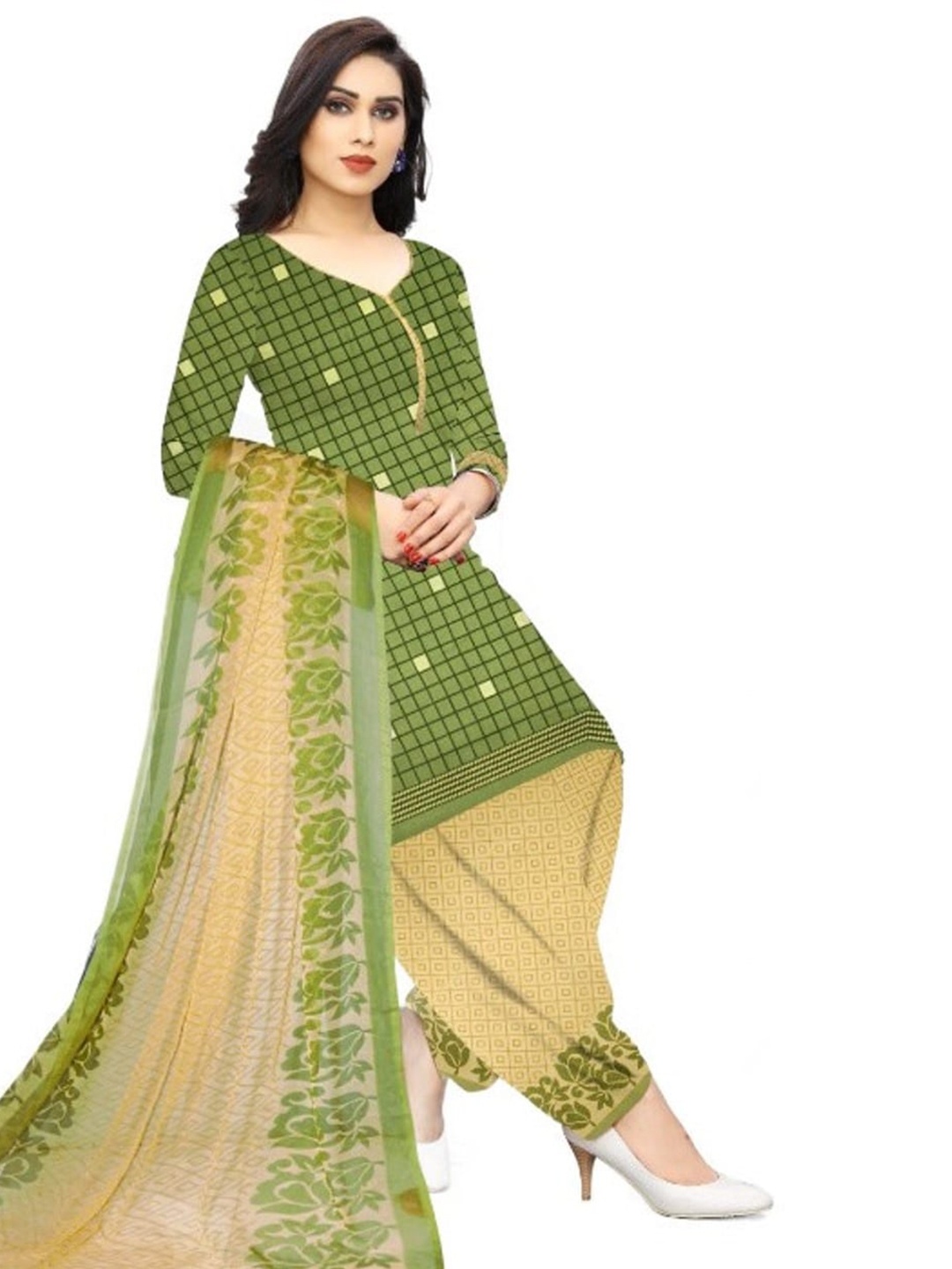 

INDIAN HERITAGE Printed Silk Crepe Unstitched Dress Material, Green