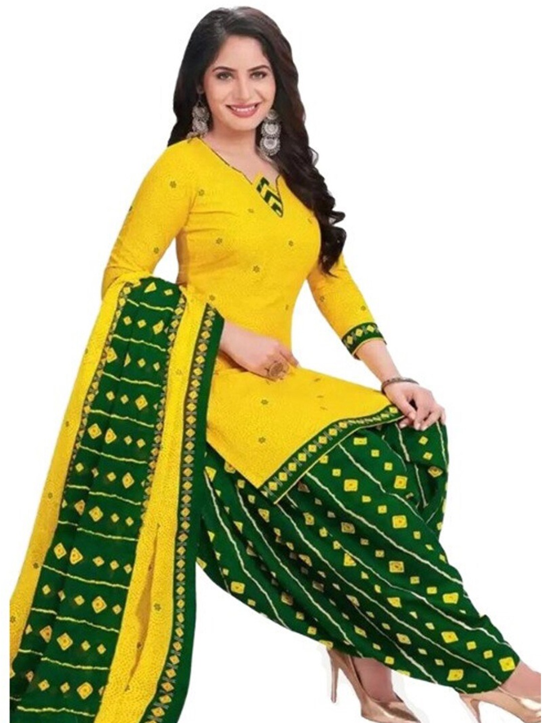 

INDIAN HERITAGE Printed Silk Crepe Unstitched Dress Material, Yellow