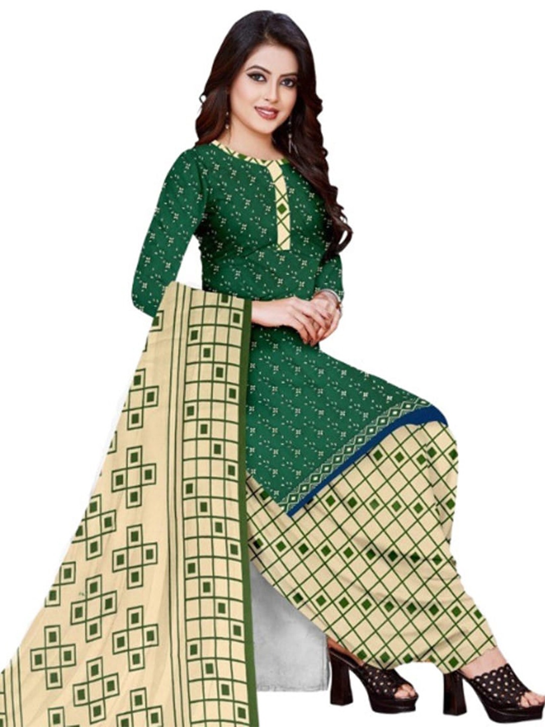 

INDIAN HERITAGE Printed Silk Crepe Unstitched Dress Material, Green