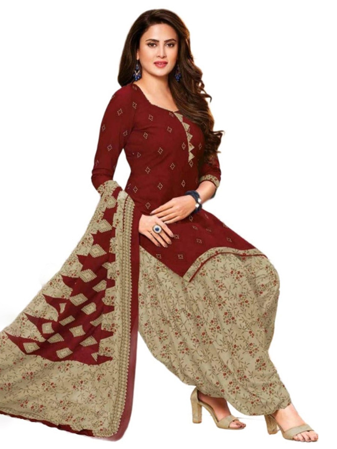 

INDIAN HERITAGE Printed Silk Crepe Unstitched Dress Material, Maroon