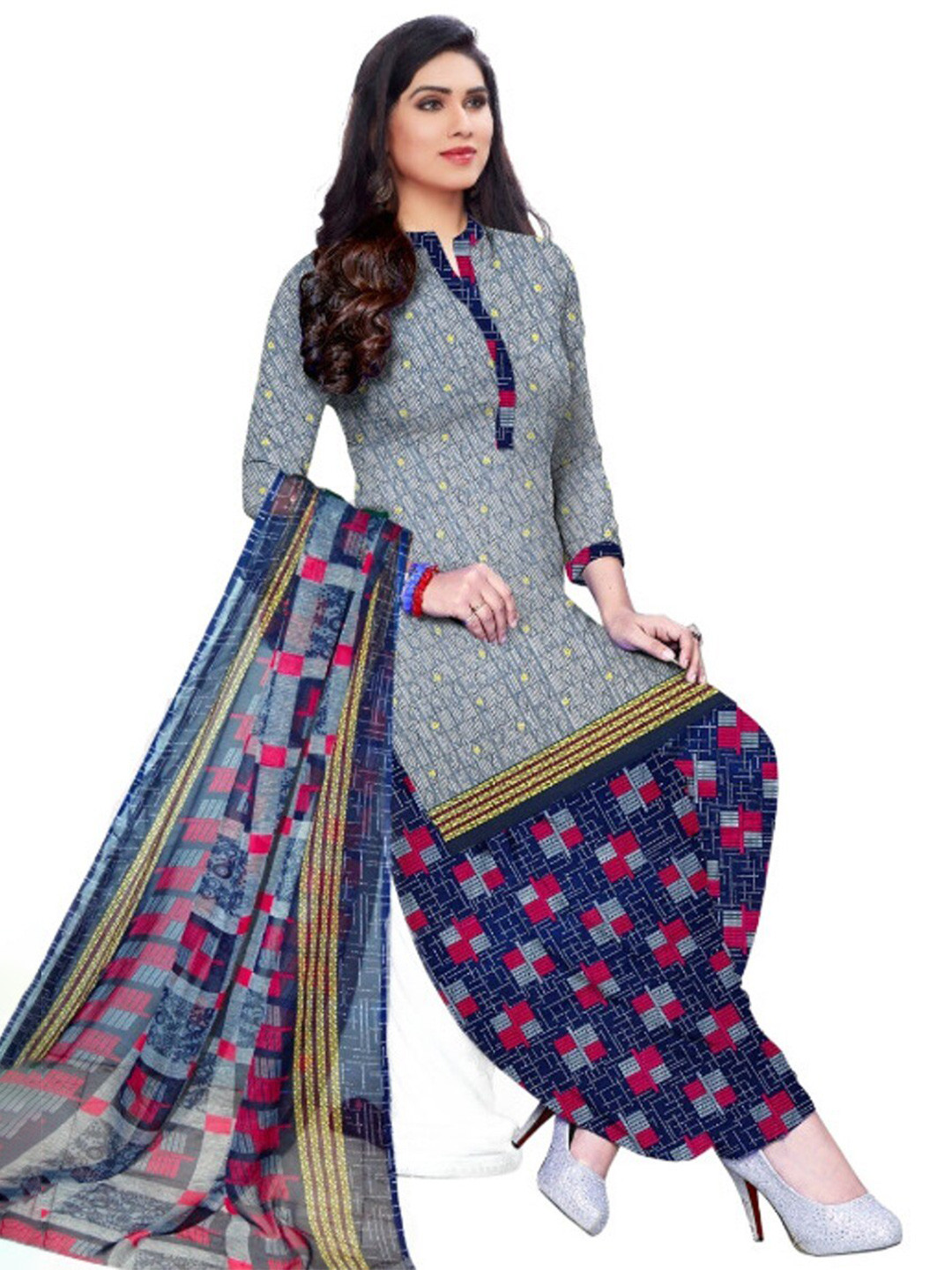 

INDIAN HERITAGE Printed Silk Crepe Unstitched Dress Material, Grey