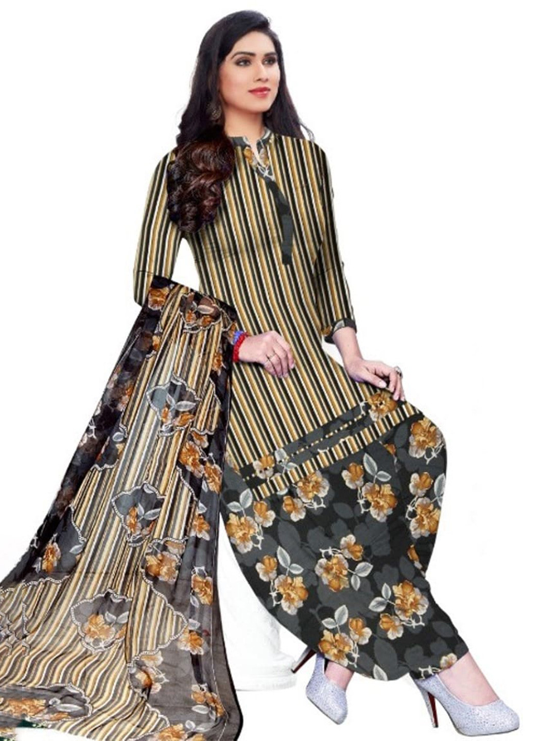 

INDIAN HERITAGE Striped Silk Crepe Unstitched Dress Material, Yellow