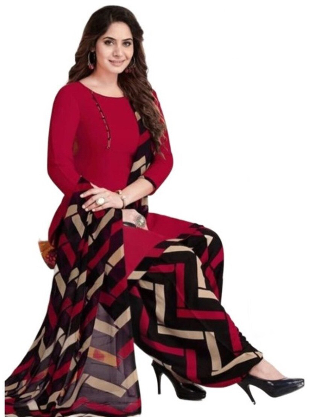 

INDIAN HERITAGE Printed Silk Crepe Unstitched Dress Material, Maroon