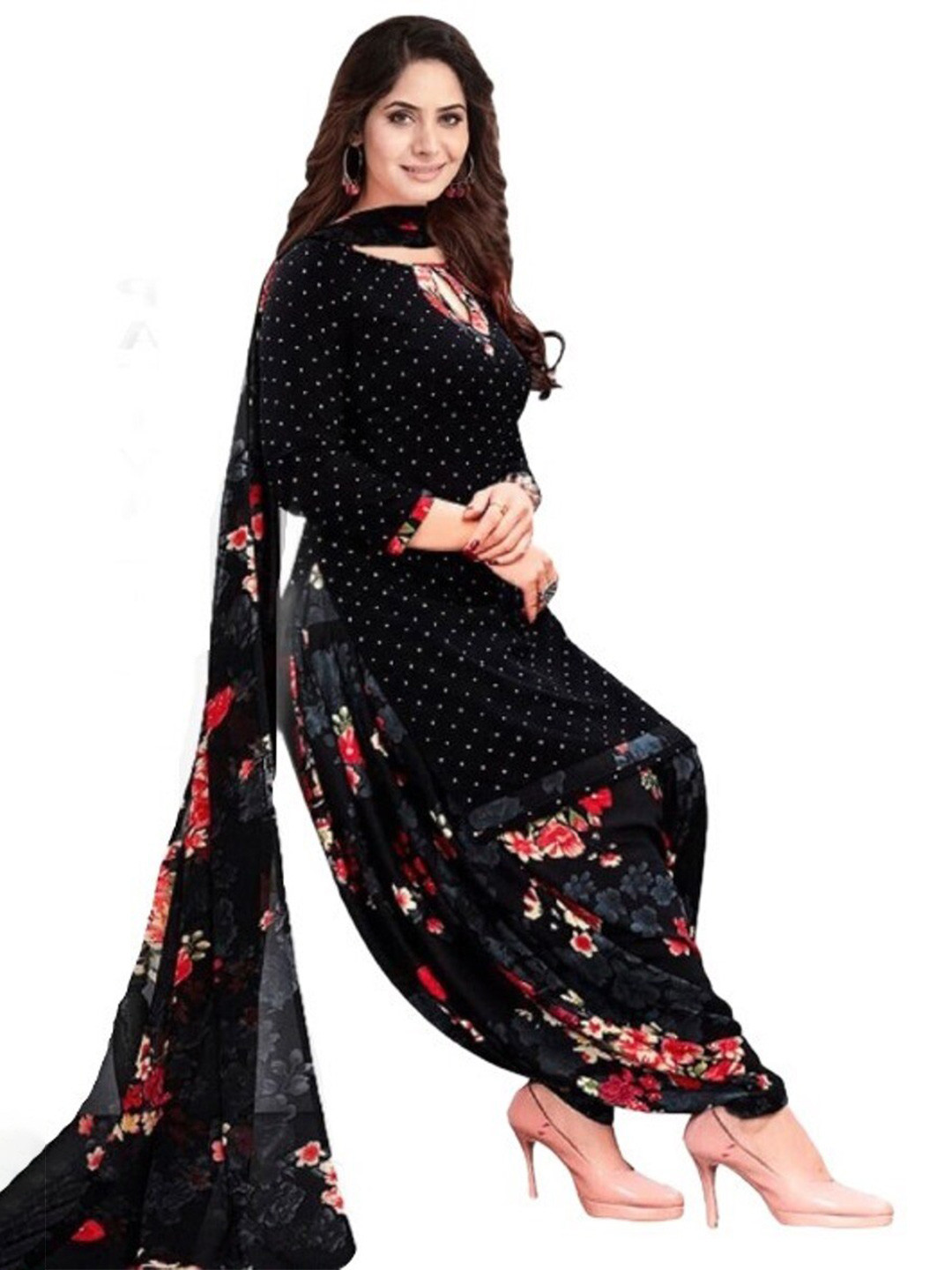 

INDIAN HERITAGE Printed Silk Crepe Unstitched Dress Material, Black