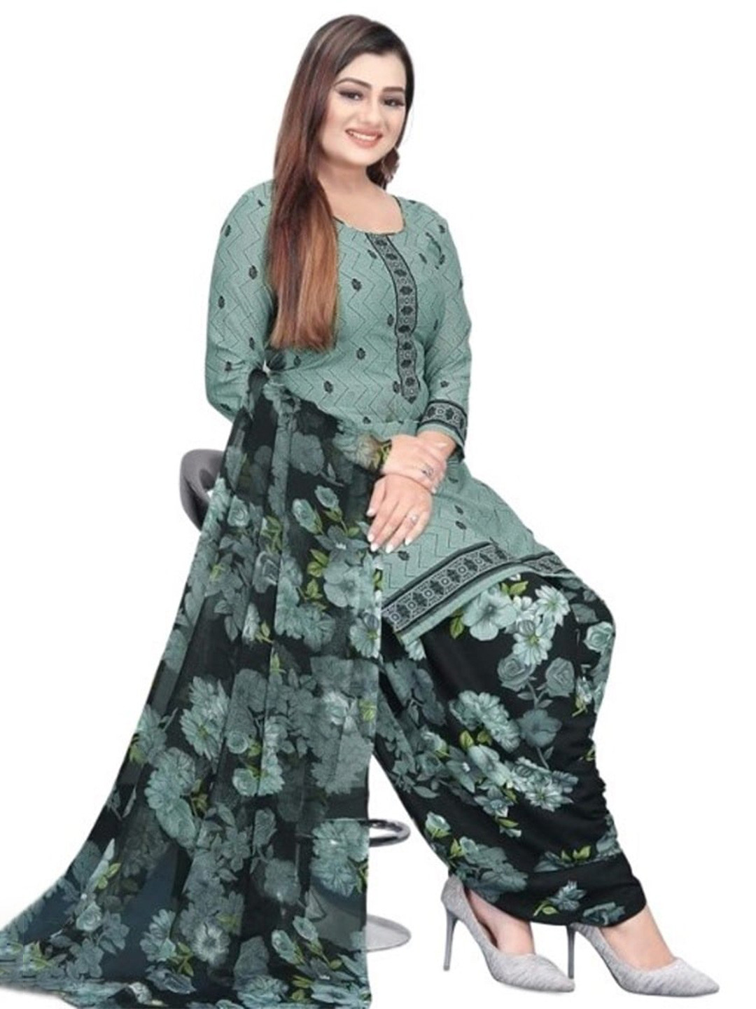 

INDIAN HERITAGE Printed Silk Crepe Unstitched Dress Material, Sea green